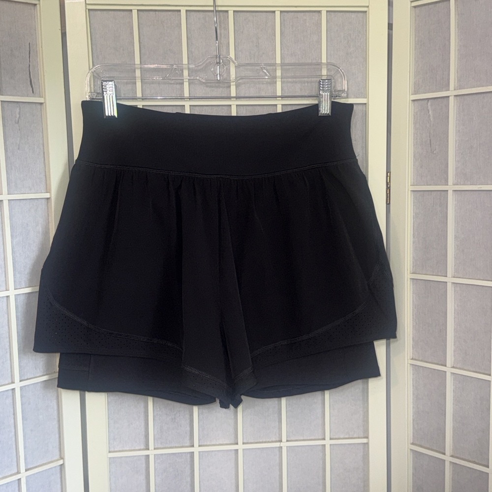 Spanx Black Athletic Running Gym Flowy‎ Short w/ Slimming Bike Shorts Size Large